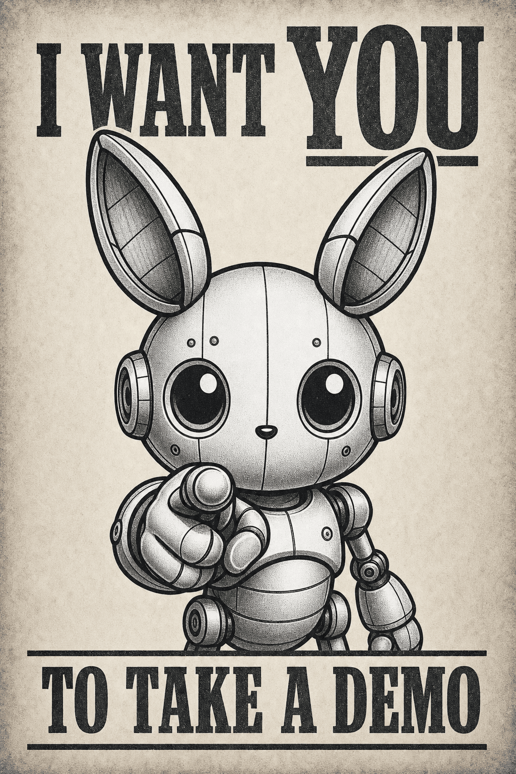 Mopsy pointing at the viewer with the message I want you to take a demo